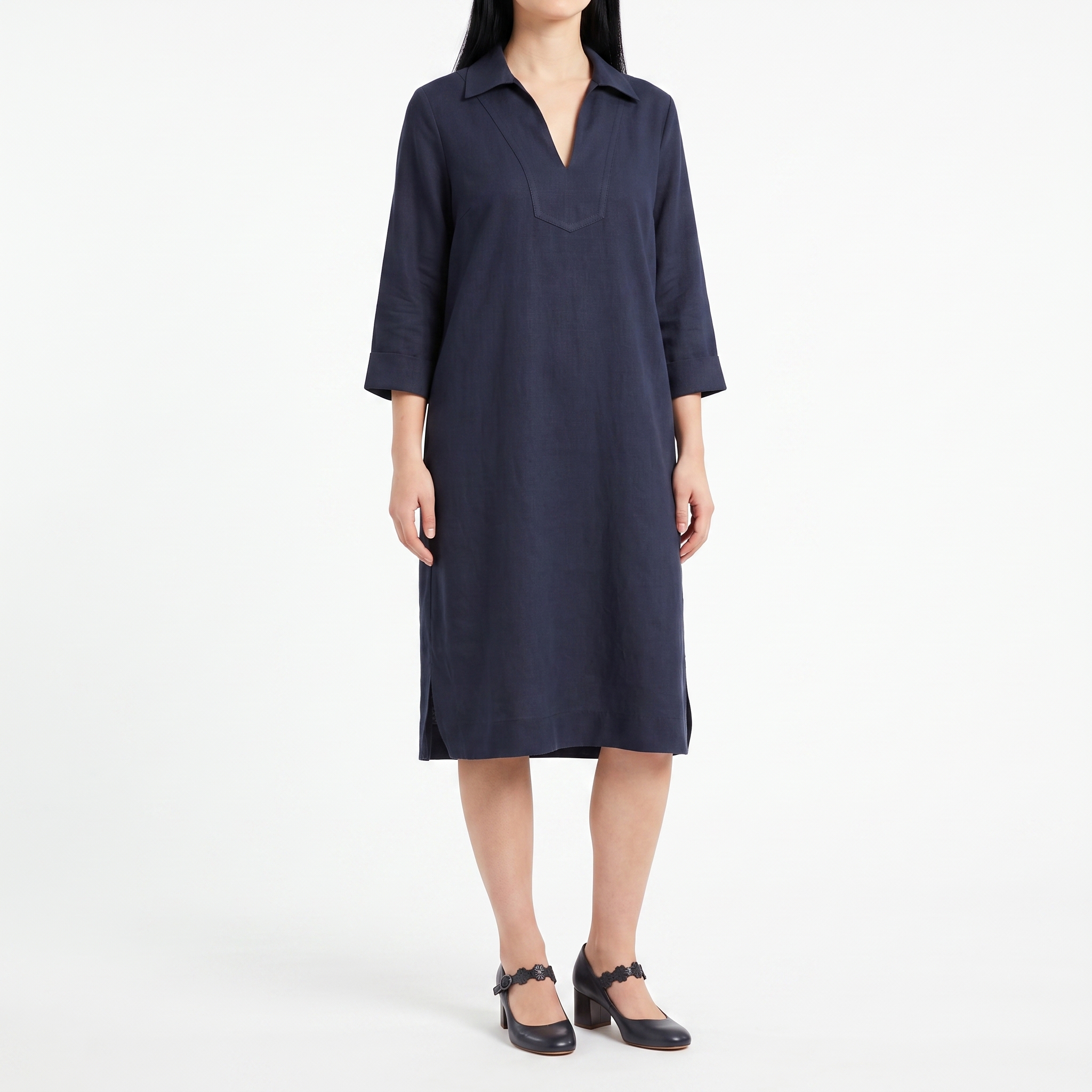 Women's Navy Blue V-Neck Tunic Shift Dress – 3/4 Length Sleeve Linen Blend Midi Dress with Collar