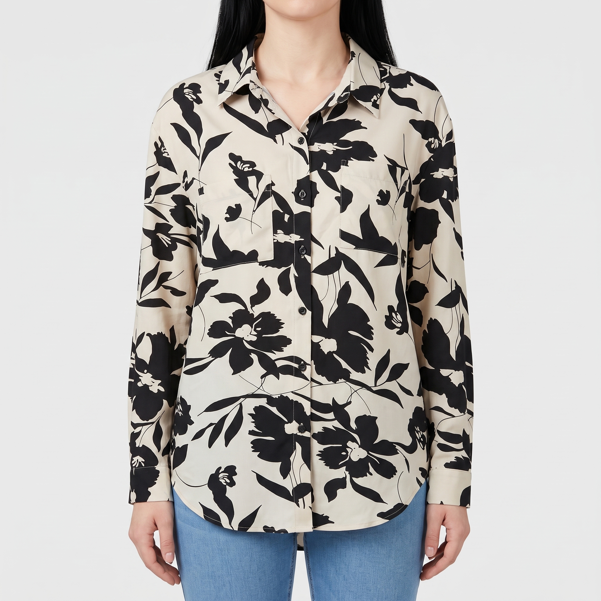 Women's Cream & Black Botanical Print Button-Down Shirt – Long Sleeve Floral Leaf Blouse with Chest Pocket