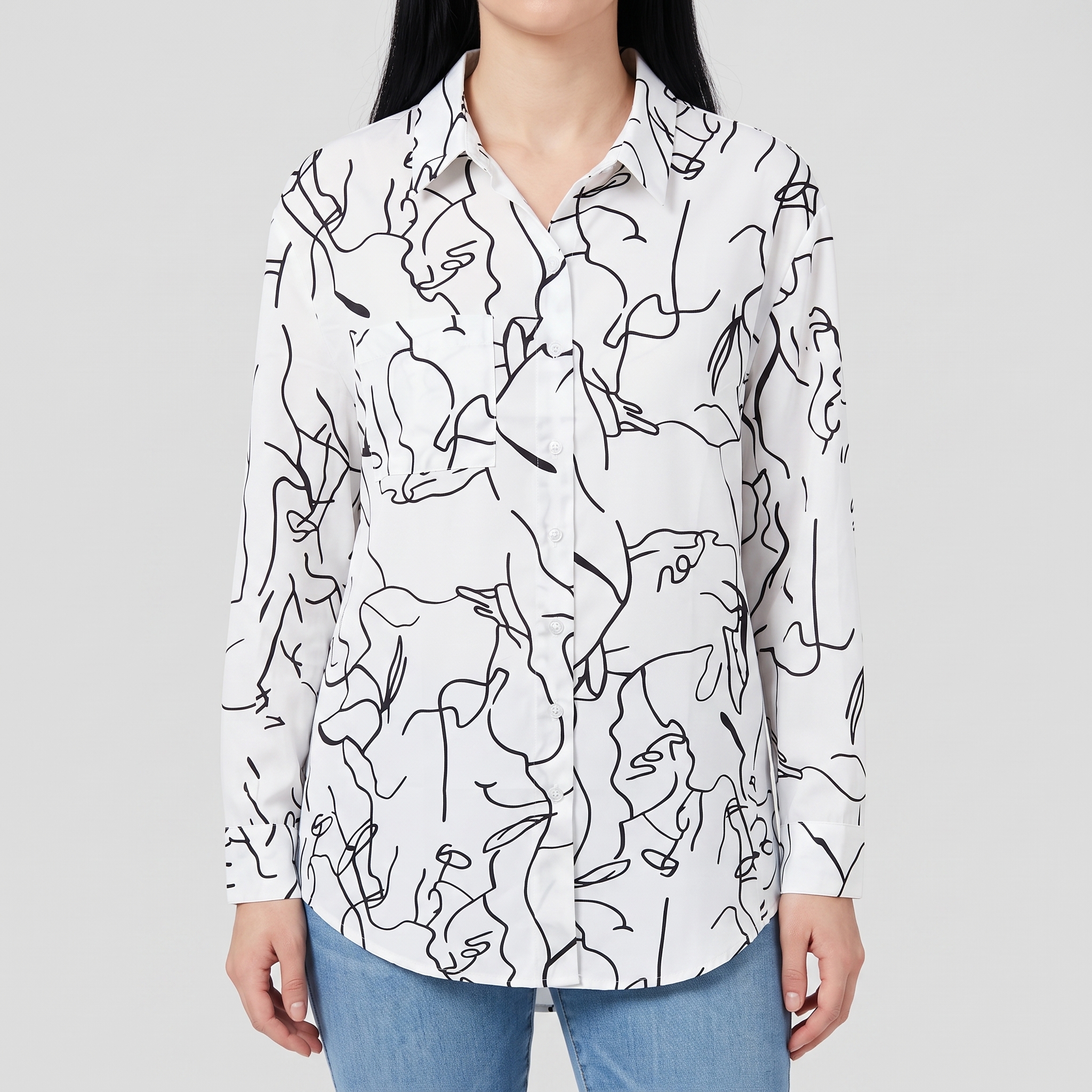 Women's Abstract Face Line Art Button-Down Shirt – Long Sleeve Collared Blouse with Chest Pocket
