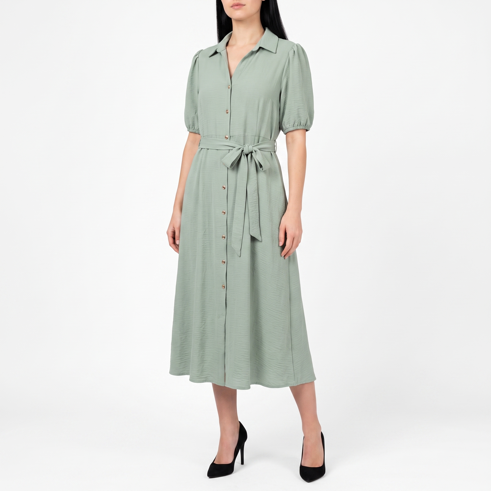 Women's Sage Green Button-Down Midi Dress – Short Sleeve Collared Shirt Dress with Tie Waist Belt