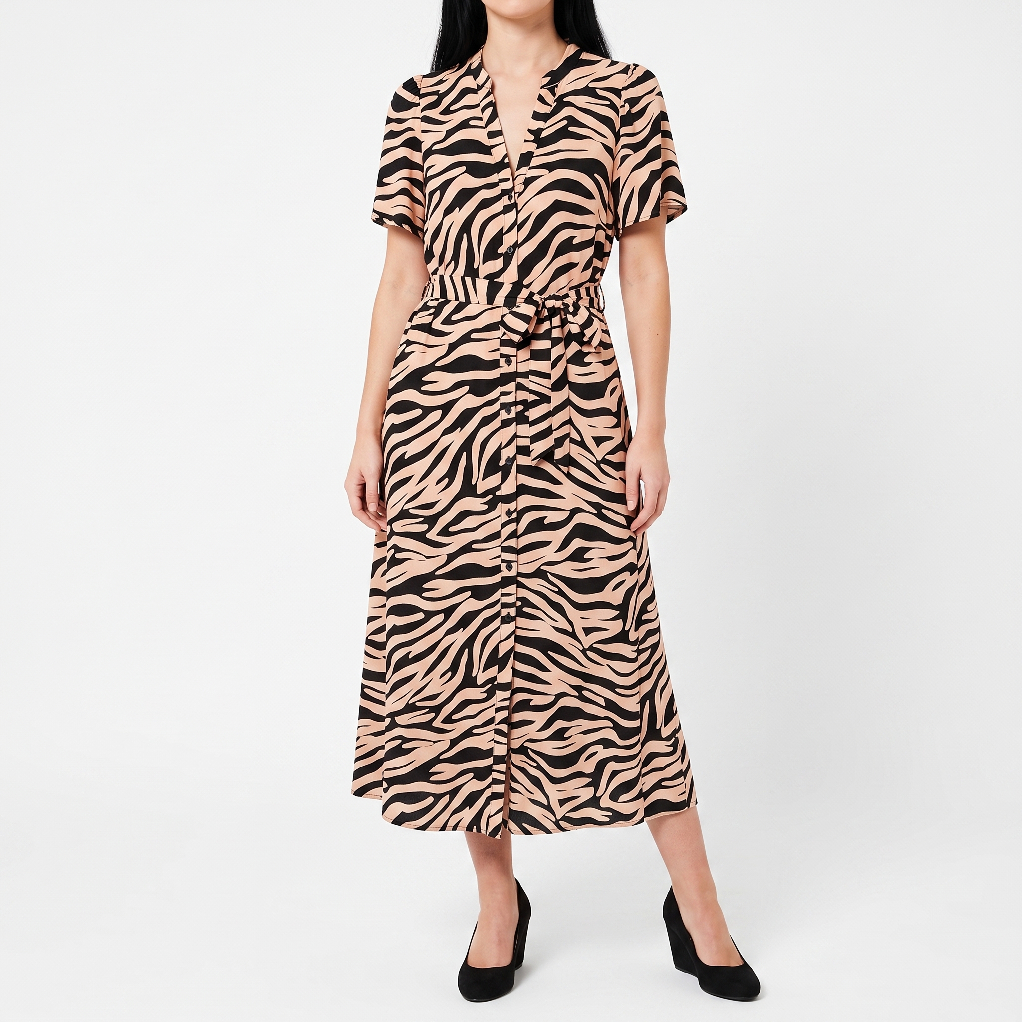 Women's Apricot Brand Zebra Print Midi Shirt Dress – Short Sleeve Button-Down Tie-Waist Dress