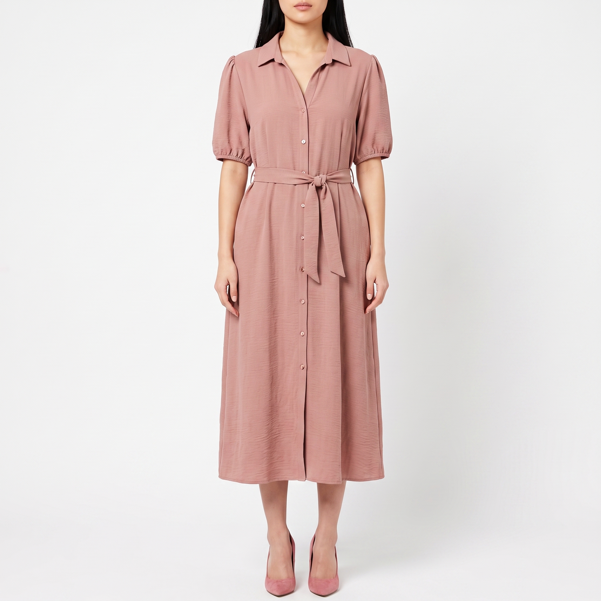 Women's Dusty Pink Button-Down Midi Dress – Short Sleeve Collared Shirt Dress with Tie Waist Belt